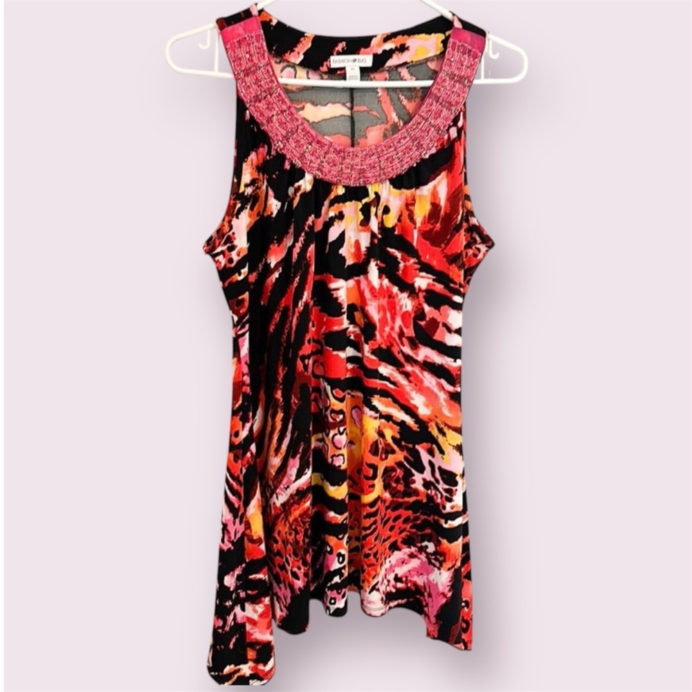 Fashion Bug Beaded Neck Animal Print Mini Dress Sz M